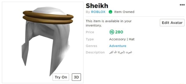 Sheikh Roblox 0 Item Owned This Item Is Available In Your Edit Avatar Inventory C 280 - sheikh hat roblox