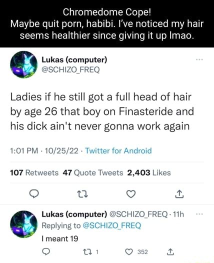 Pornhabibi - Chromedome Cope! Maybe quit porn, habibi. I've noticed my hair seems  healthier since giving it up Imao. Lukas (computer) @SCHIZO_ FREQ Ladies if  he still got a full head of hair by age 26 that boy on Finasteride and his  dick ain't never gonna work agai