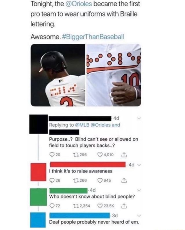 Orioles became the first MLB team to put Braille lettering on the back of  their jerseys : r/PewdiepieSubmissions