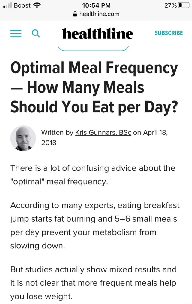 Optimal Meal Frequency How Many Meals Should You Eat per Day? Written by Kris Gunnars, BSc on
