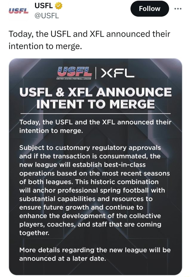 Pro football leagues XFL, USFL announce intent to merge