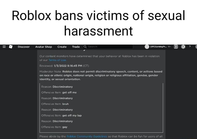 Roblox Bans Victims Of Sexual Harassment Discover Avatarshop Create Trade Q Pccamingrr S