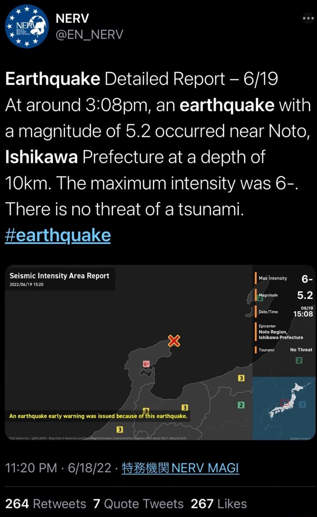 5.2 magnitude earthquake near Noto, Ishikawa, Japan. 6/19SunEN NERV