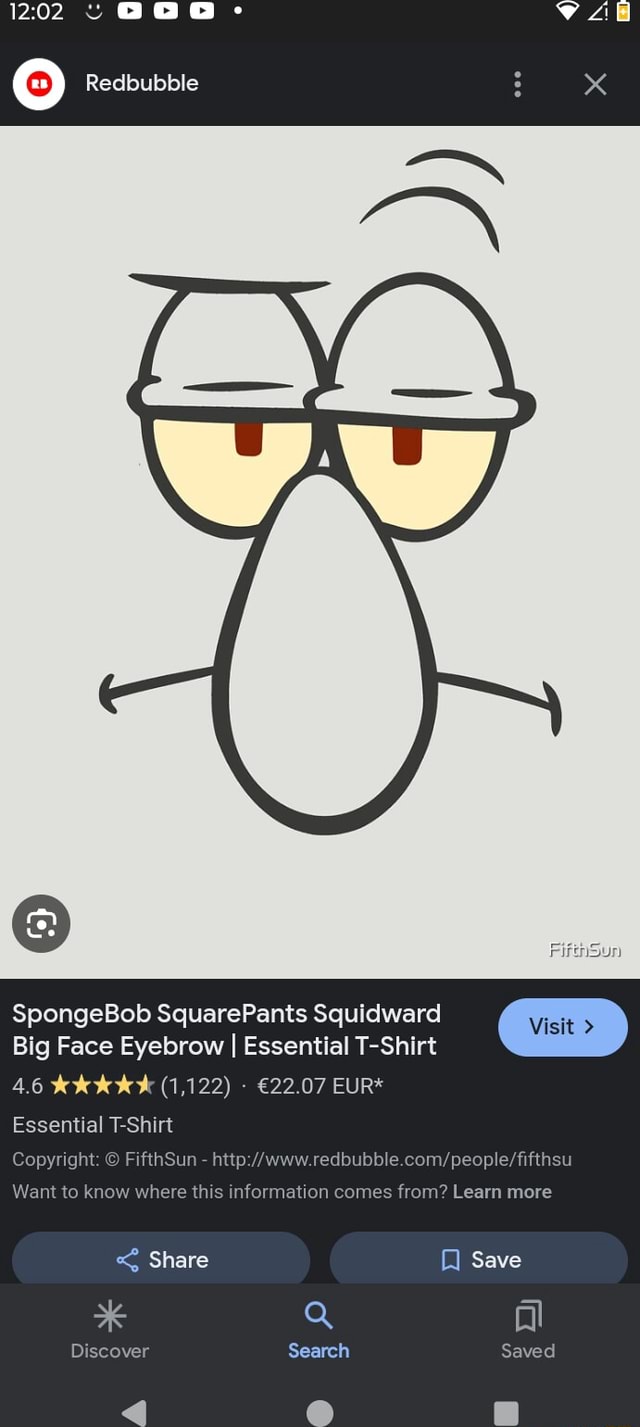 FiftnSun Redbubble SpongeBob SquarePants Squidward Big Face Eyebrow I ...