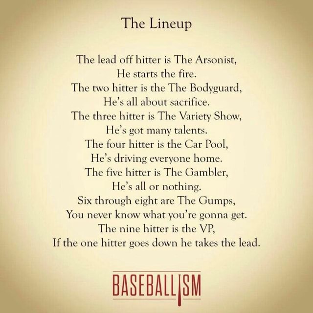 The lead off hitter is The Arsonist, He starts the fire. The two hitter ...