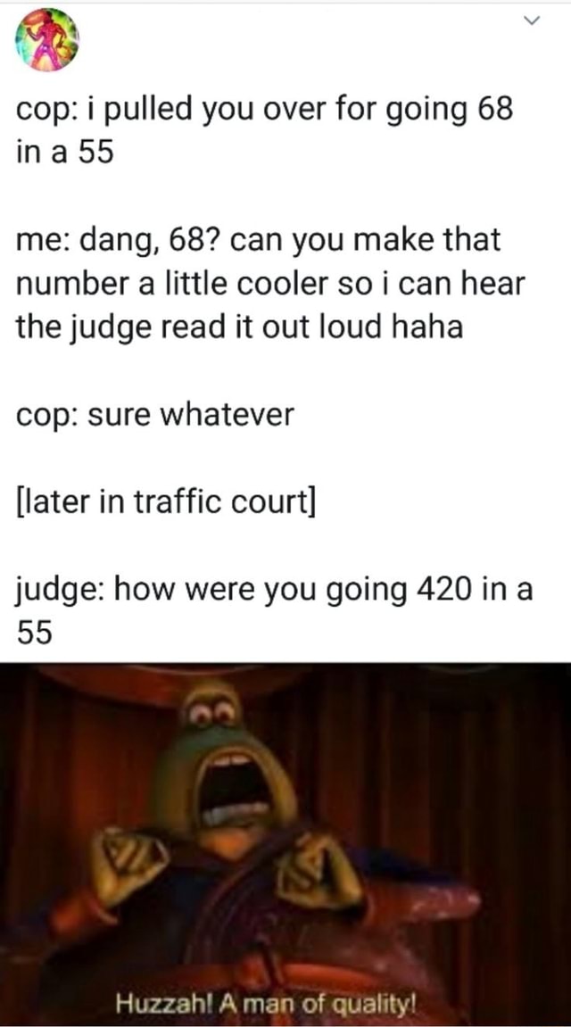 :% cop: i pulled you over for going 68 in a 55 me: dang, 68? can you ...
