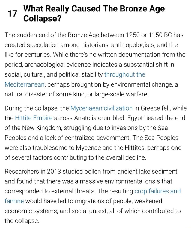 What Really Caused The Bronze Age Collapse? The sudden end of the Bronze Age between 1250 or