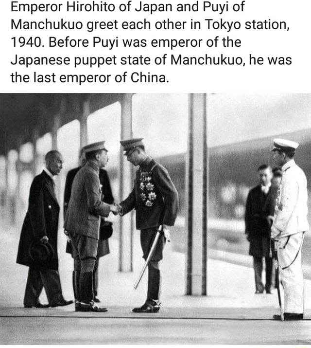 Emperor Hirohito of Japan and Puyi of Manchukuo greet each other in