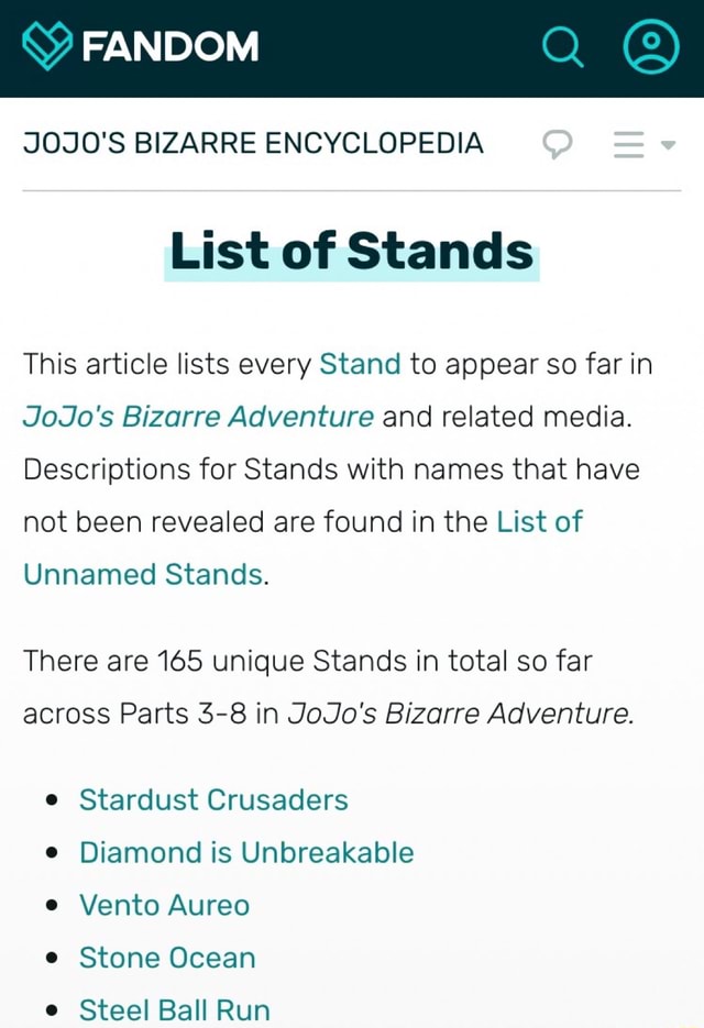Jojo S Bizarre Encyclopedia This Article Lists Every Stand To Appear So Far In 3030 S Bizarre Adventure And Related Media Descriptions For Stands With Names That Have Not Been Revealed Are Found In