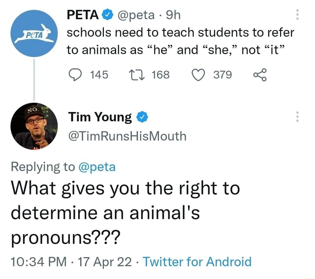 PETA peta schools need to teach students to refer to animals as "he