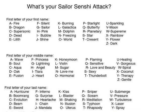 A Fire B Dragon C Supersonic D Dead F Silent G Sailor L Galactica H Pink M Dolphin I Bubble N Freezing J Shine O World First Letter Of Your Middle Name A Wave G