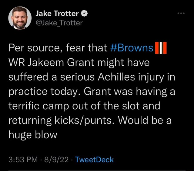 Jake Trotter @ @Jake Trotter Per source, fear that #Browns) WR Jakeem ...