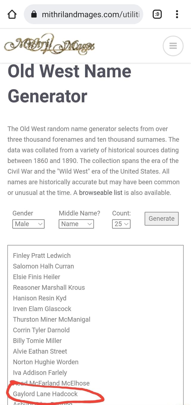 Old West Name Generator The Old West Random Name Generator Selects From 