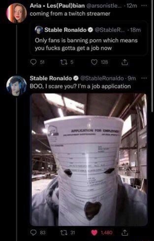 Coming from a twitch streamer Stable Ronaldo Only fans is banning porn  which means you fucks gotta get a job now ableR,. fe Stable Ronaldo scare @  @Stabiefonaldo I'm job application scare
