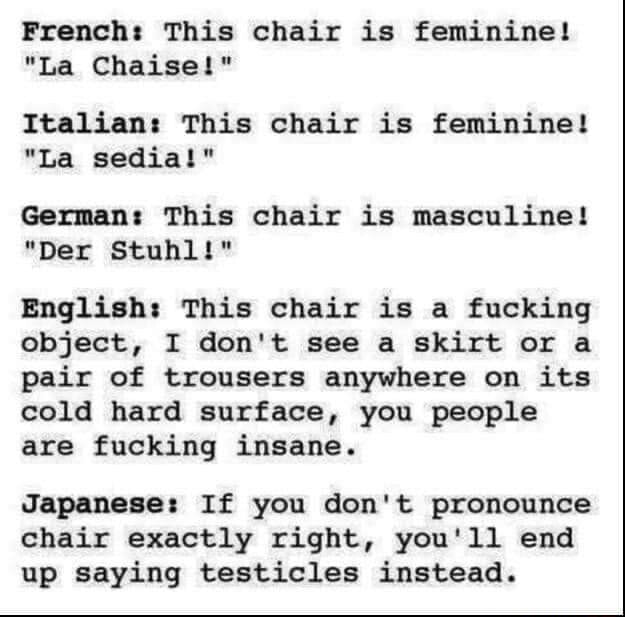 French This chair is feminine! "La Chaise!" Italian This chair is