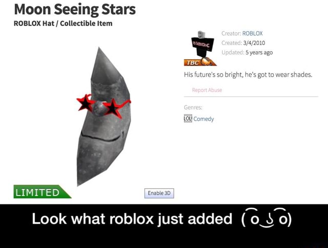 Moon Seeing Stars Roelox Hat I Collectible Item Look What Roblox Just Added 33 3 Look What Roblox Just Added O ʖ O - roblox moon hat