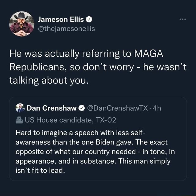 Jameson Ellis @thejamesonellis He was actually referring to MAGA ...
