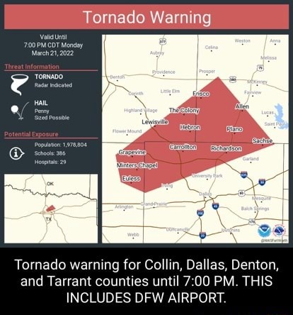 Tornado Warning Tornado warning for Collin, Dallas, Denton, and Tarrant ...