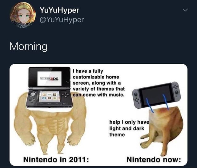 YuYuHyper ce YUYURy per Morning have a fully customizable home screen,  along with a variety of themes that can come with music. help only have  light and dark I theme Nintendo in