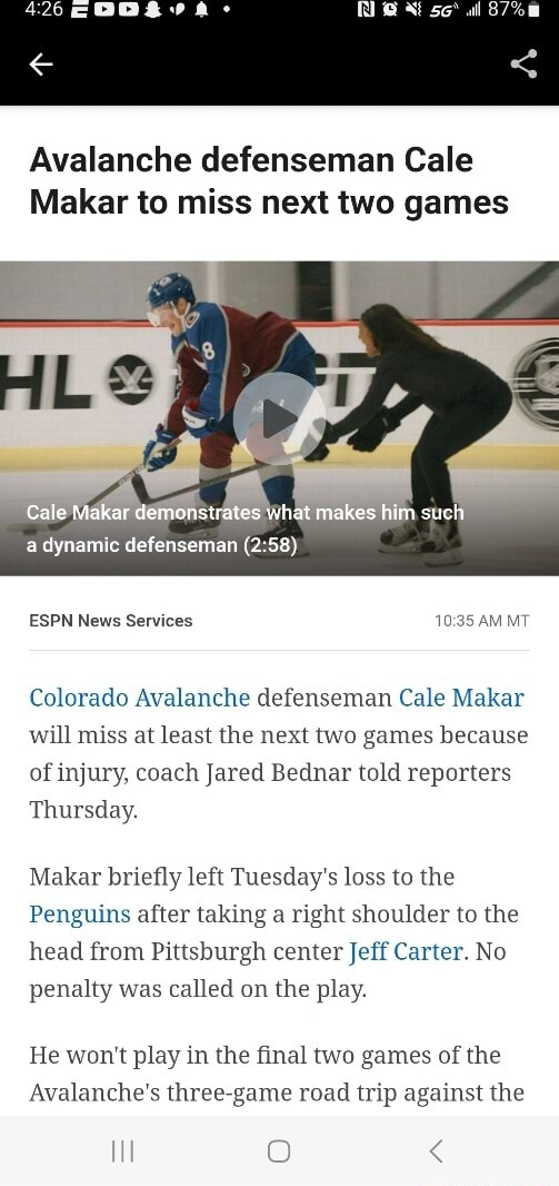 00 Avalanche Defenseman Cale Makar To Miss Next Two Games A Dynamic ...