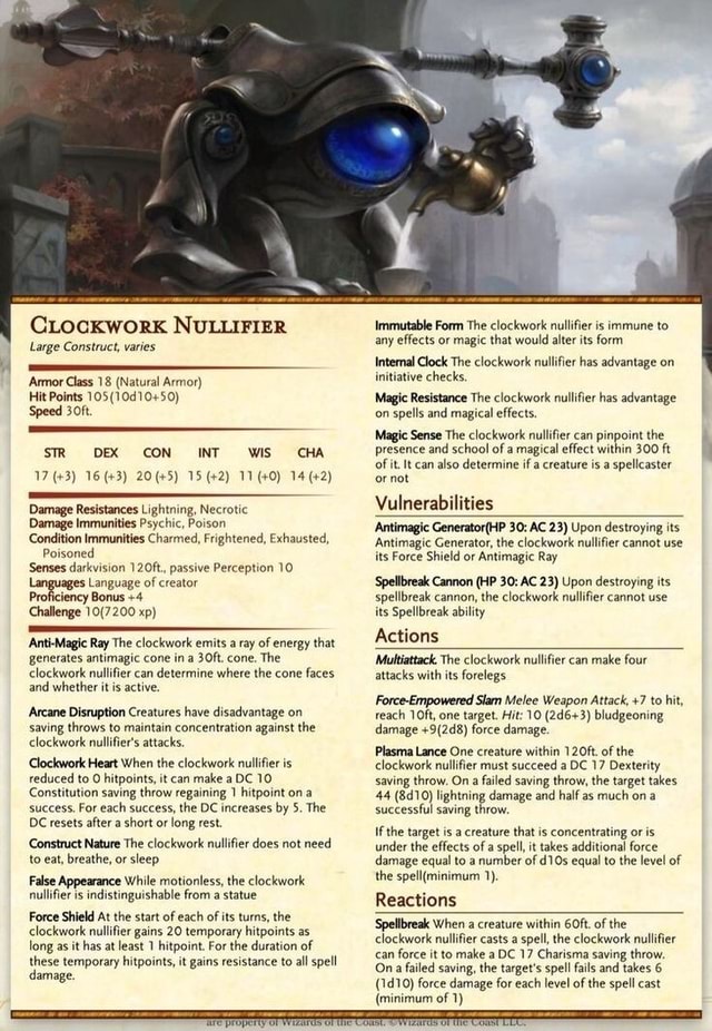 CLocKwork NULLIFIER Large Construct, varies 'Armor Class 18 (Natural
