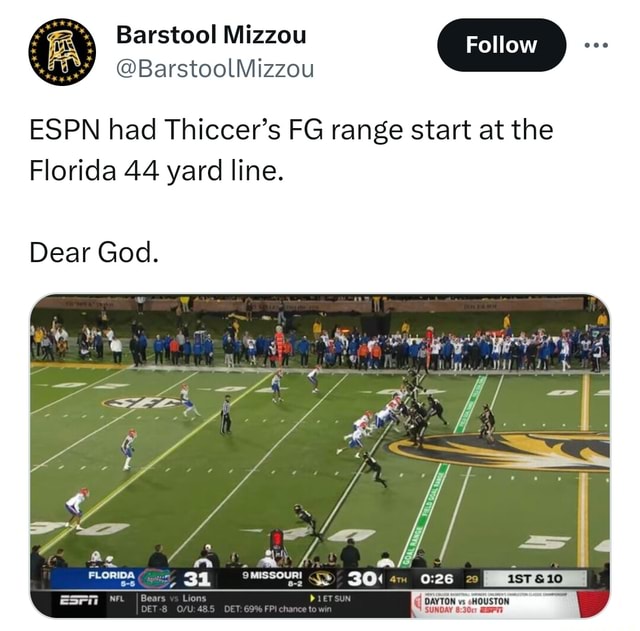 Barstool Mizzou BarstoolMizzou Follow ESPN had Thiccer's FG range