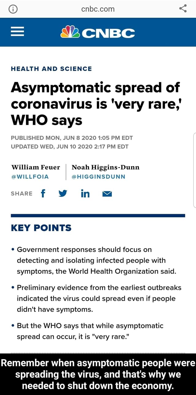 HEALTH AND SCIENCE Asymptomatic spread of coronavirus is 'very rare ...