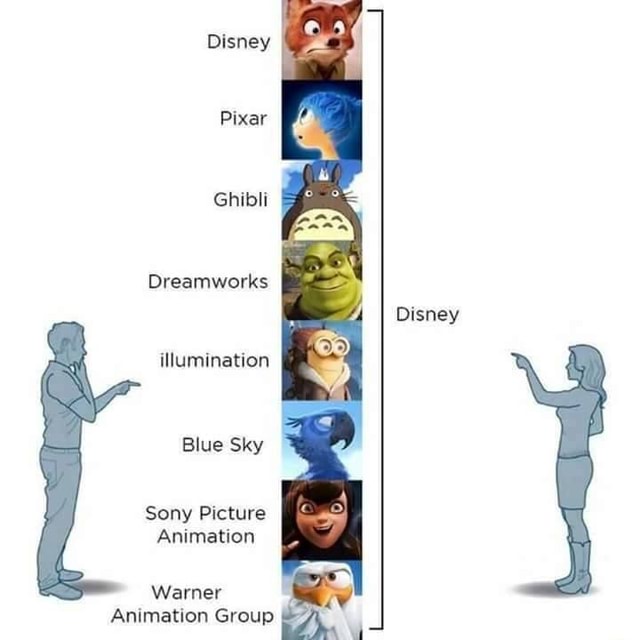 Disney Pixar Ghibli Dreamworks Disney illumination Blue Sky Sony Picture  Animation Warner Animation Group 