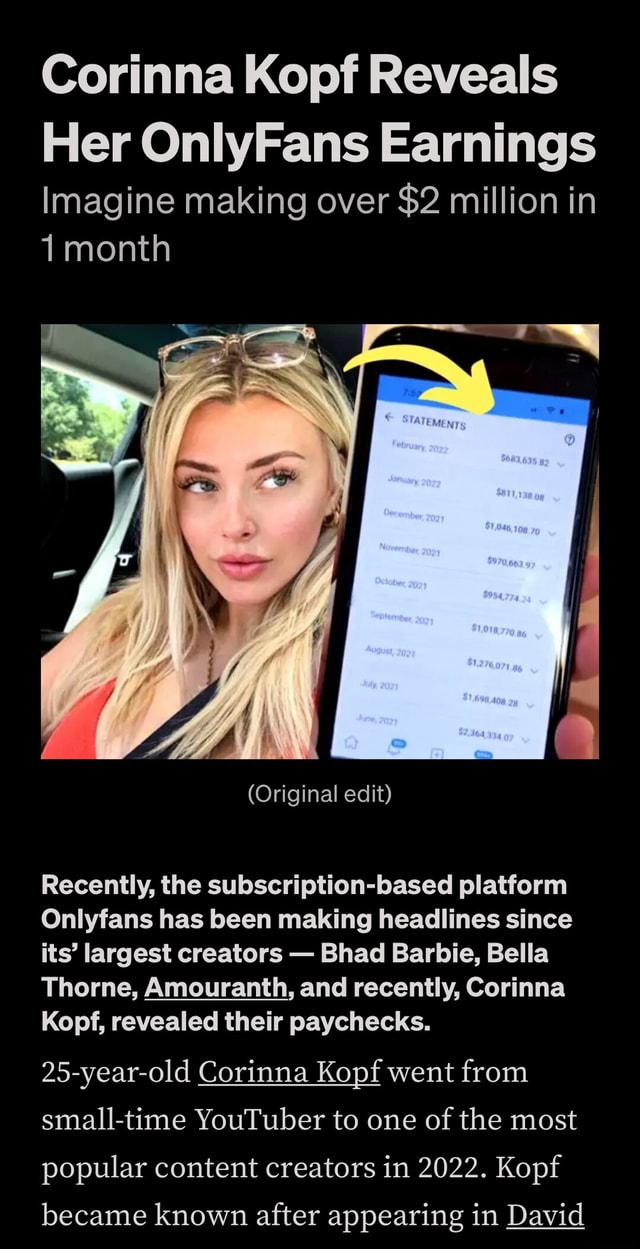 Corinna Kopf Reveals Her OnlyFans Earnings Imagine making over $2 ...