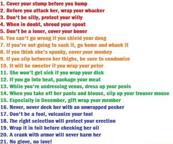 1 Cover Your Stump Before You Hump 2 Before You Attack Her Wrap Your Whacker 3 Don T Be Silly Protect Your Willy 4 When In Doubt Shroud Your Spout 5 Don T Be