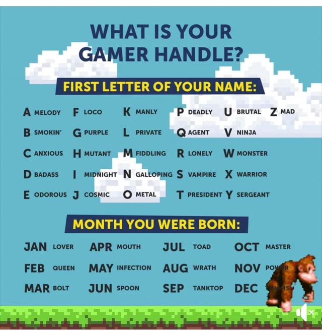 WHAT IS YOUR GAMER HANDLE? FIRST LETTER OF YOUR NAME: A MELODY F Loco K ...