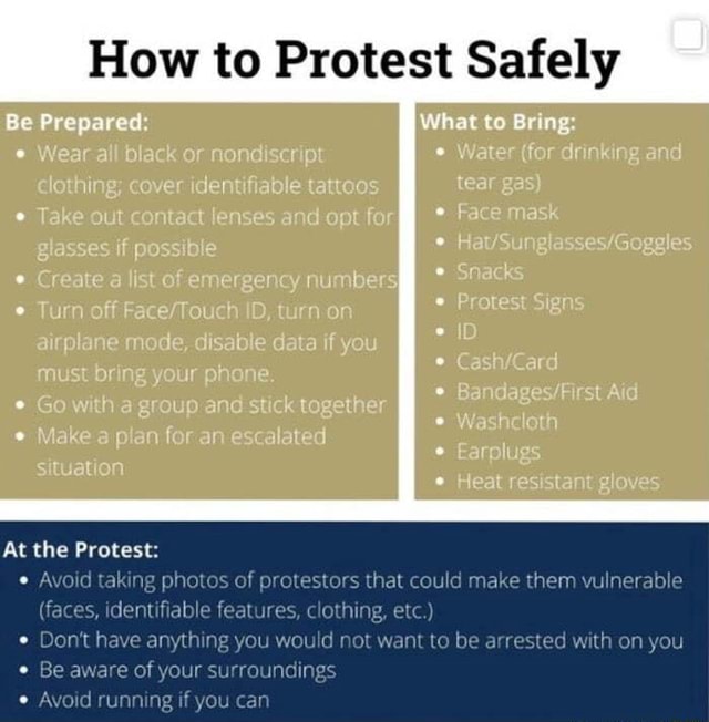 How to Protest Safely Be Prepared: What to Bring: At the Protest: Avoid ...
