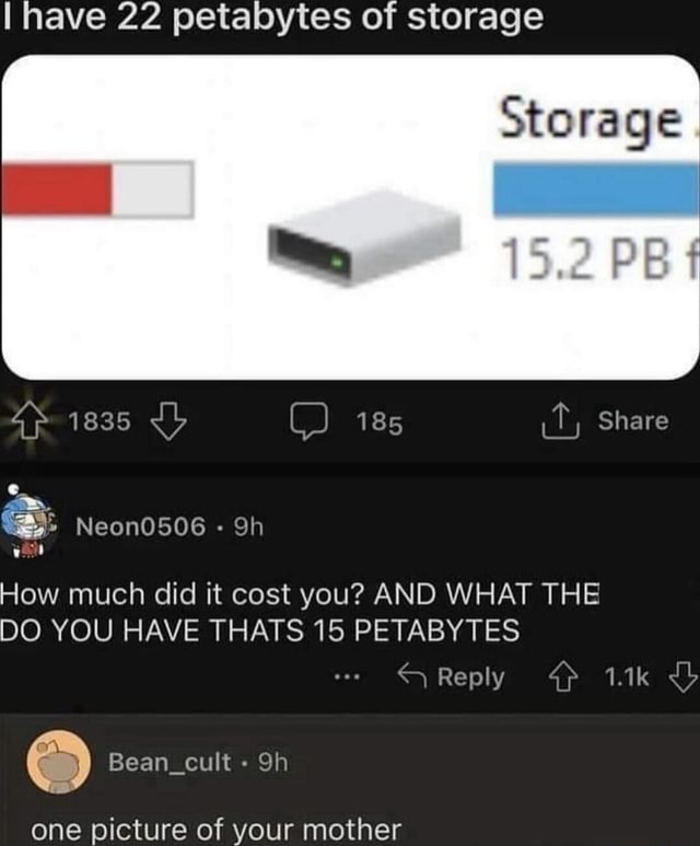 Perabytes I have 22 petabytes of storage Storage Neon0506 you How much did it ...