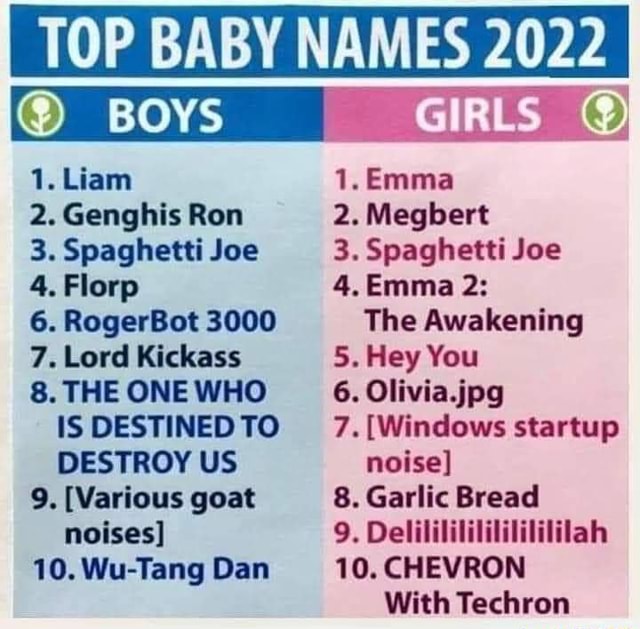 I TOP BABY NAMES 2022 BOYS 1. Liam 2. Genghis Ron 3. Spaghetti Joe 4