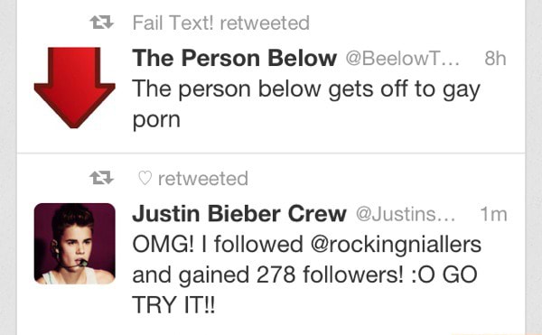 Justin Bieber Gay Porn - The Person Below The person below gets off to gay porn Justin Bieber Crew  OJustins 1m A OMG! I followed @rockingniallers and gained 278 followers! :0  GO TRY IT! - iFunny :)