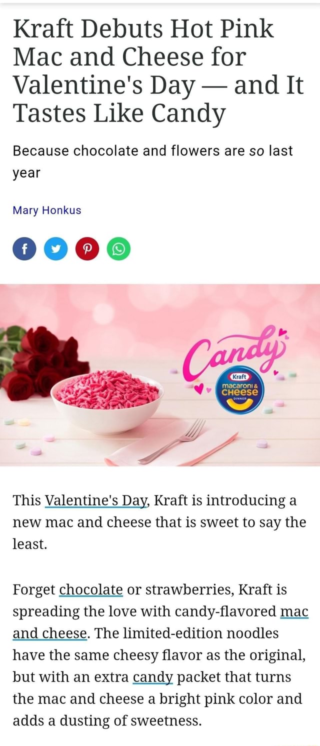 Kraft Debuts Hot Pink Mac And Cheese For Valentines Day And It Tastes Like Candy Because 