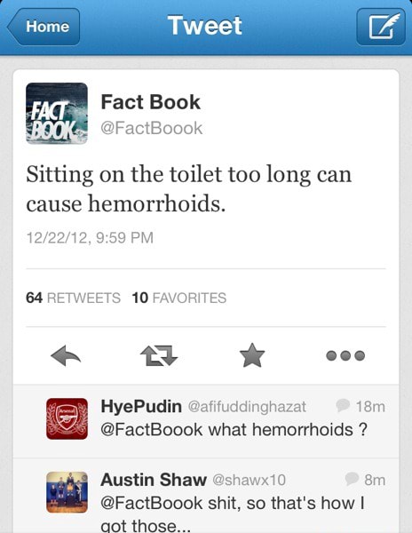 Sitting On The Toilet Too Long Can Cause Hemorrhoids. 64 RETWEETS 10 ...