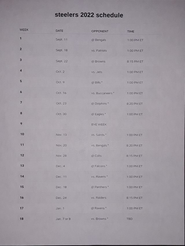 Steelers 2022 schedule WEEK DATE OPPONENT 1 Sept. 11 Bengals 2 Sept