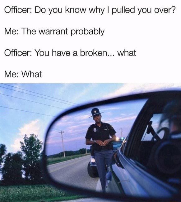 Officer: Do you know why I pulled you over? Me: The warrant probably ...