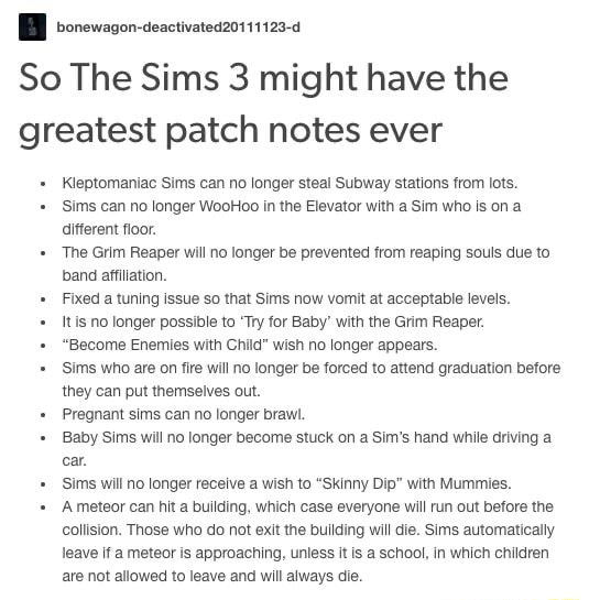 So The Sims 3 Might Have The Greatest Patch Notes Ever Kleptomaniac