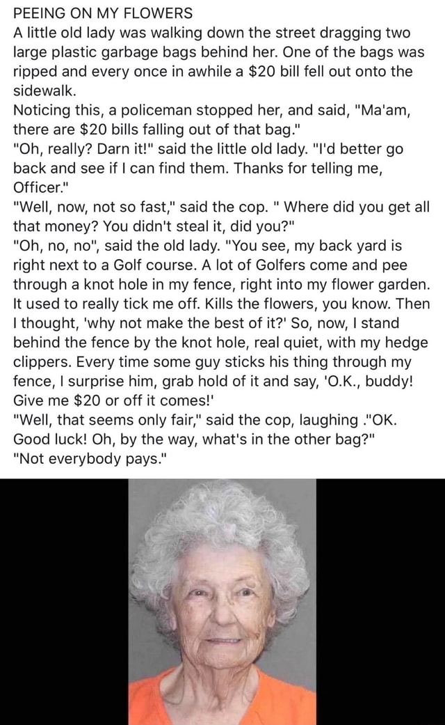 PEEING ON MY FLOWERS A little old lady was walking down the street
