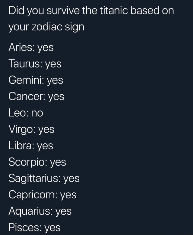 Did you survive the titanic based on your zodiac sign Aries: yes Taurus ...