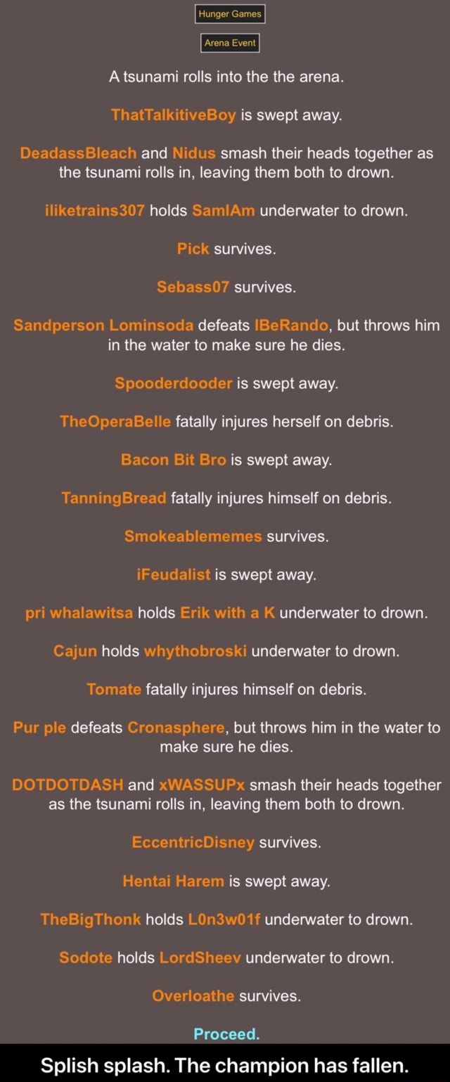 Hunger Games A Tsunami Rolls Into The The Arena Y Is Swept Away Ea And Nidus Smash Their Heads Together As The Tsunami Rolls In Leaving Them Both To Drown N Holds