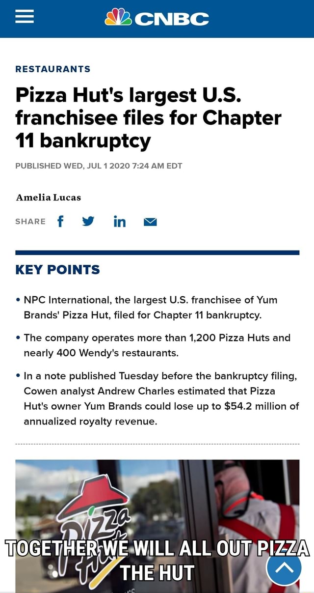 Pizza Hut's largest U.S. franchisee files for Chapter 11 bankruptcy