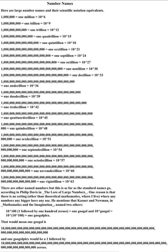 Number Names Here are large number names and their scientific notation ...