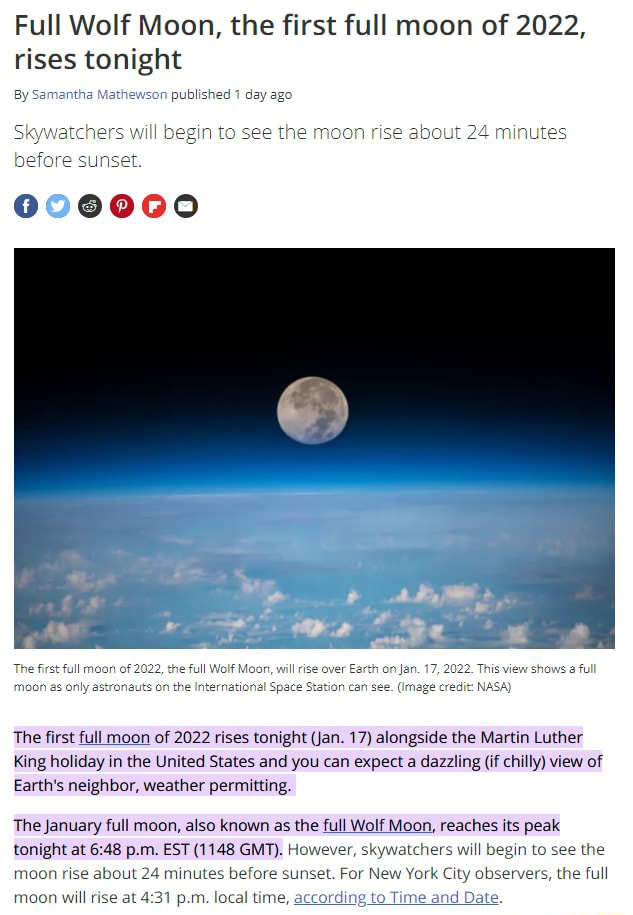 Full Wolf Moon, the first full moon of 2022, rises tonight published 1(02)