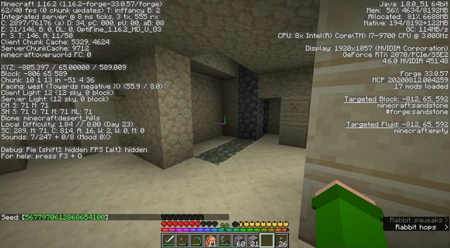 Minecraft 1 16 2 Updates T Inffancy B 2 Integrated Server 8 Ms Ticks 3 Tx Rx O 34 Pc Pu 00 Ab Client Chunk Cache 5329 4624 Serverchunkcache 9712 Ninecraftioverworld Fc Chunk 10
