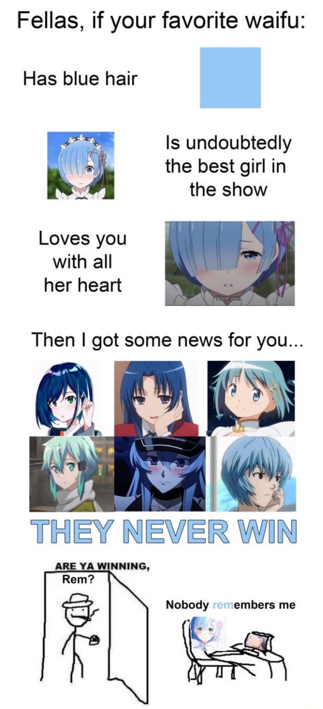 Fellas, if your favorite waifu: Has blue hair Is undoubtedly the best girl  in the show Loves you with all her heart THEY NEVER WIN ARE YA WINNING,  Rem? Nobody embers me