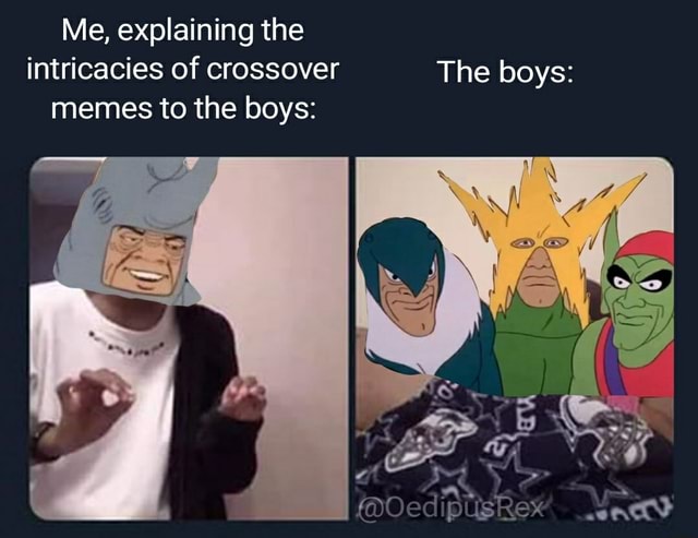 Me, explaining the intricacies of crossover The boys: memes to the boys ...