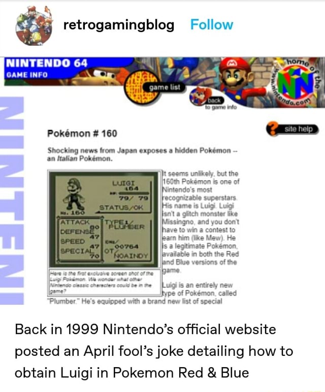 Supper Mario Broth on X: In 2000, the official Nintendo of America site  featured an April Fools' Day article claiming that Lickitung can evolve  into Luigi in Pokémon Red and Blue by